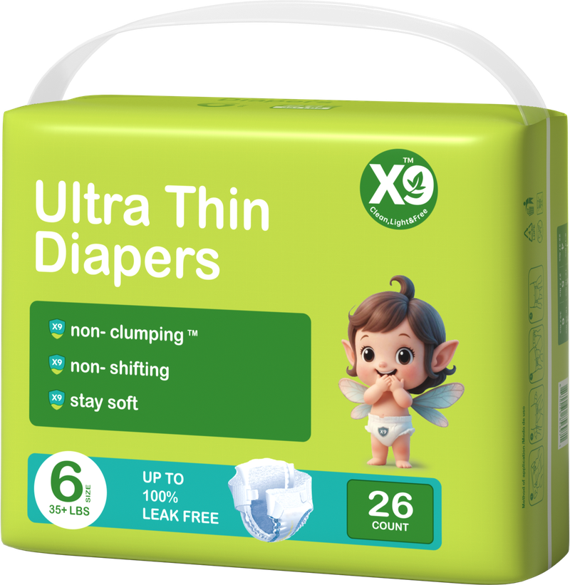 X9 Ultra Thin Diapers in their original green packaging
