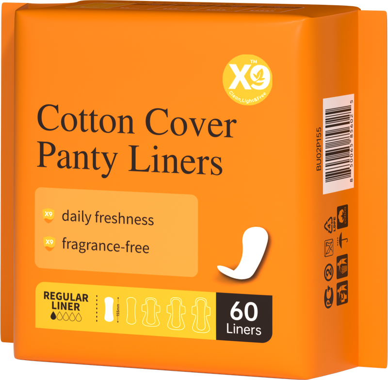 X9 Cotton Cover Panty Liners in their original orange packaging