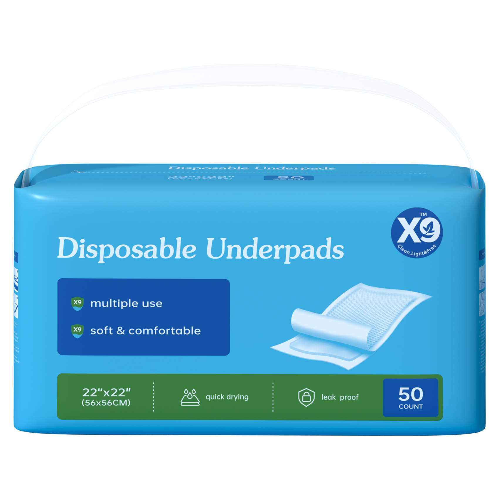 X9 Disposable Underpads · 56 × 56 cm · 50 count
