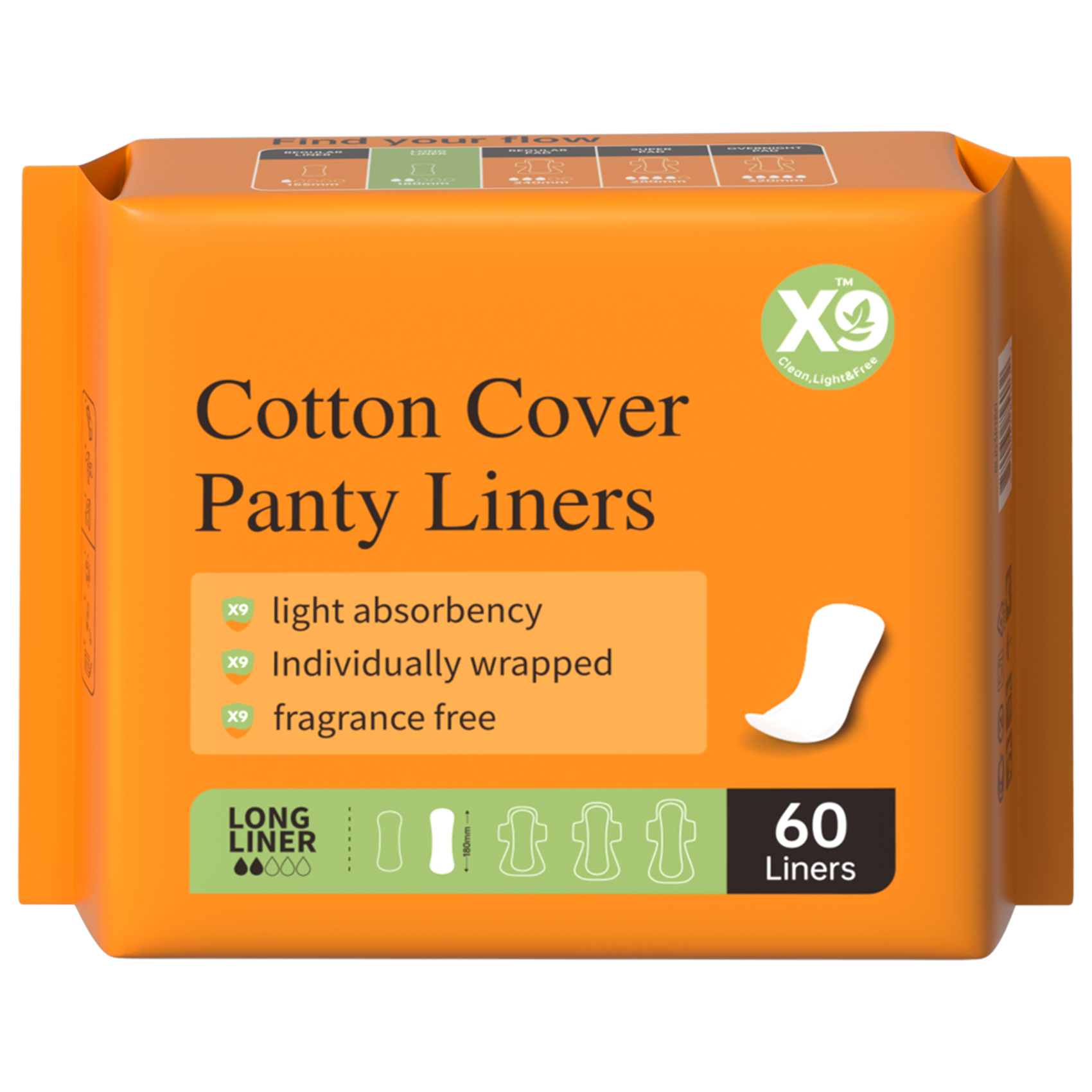 X9 Extra Long Liners · 180 mm · 60 count
