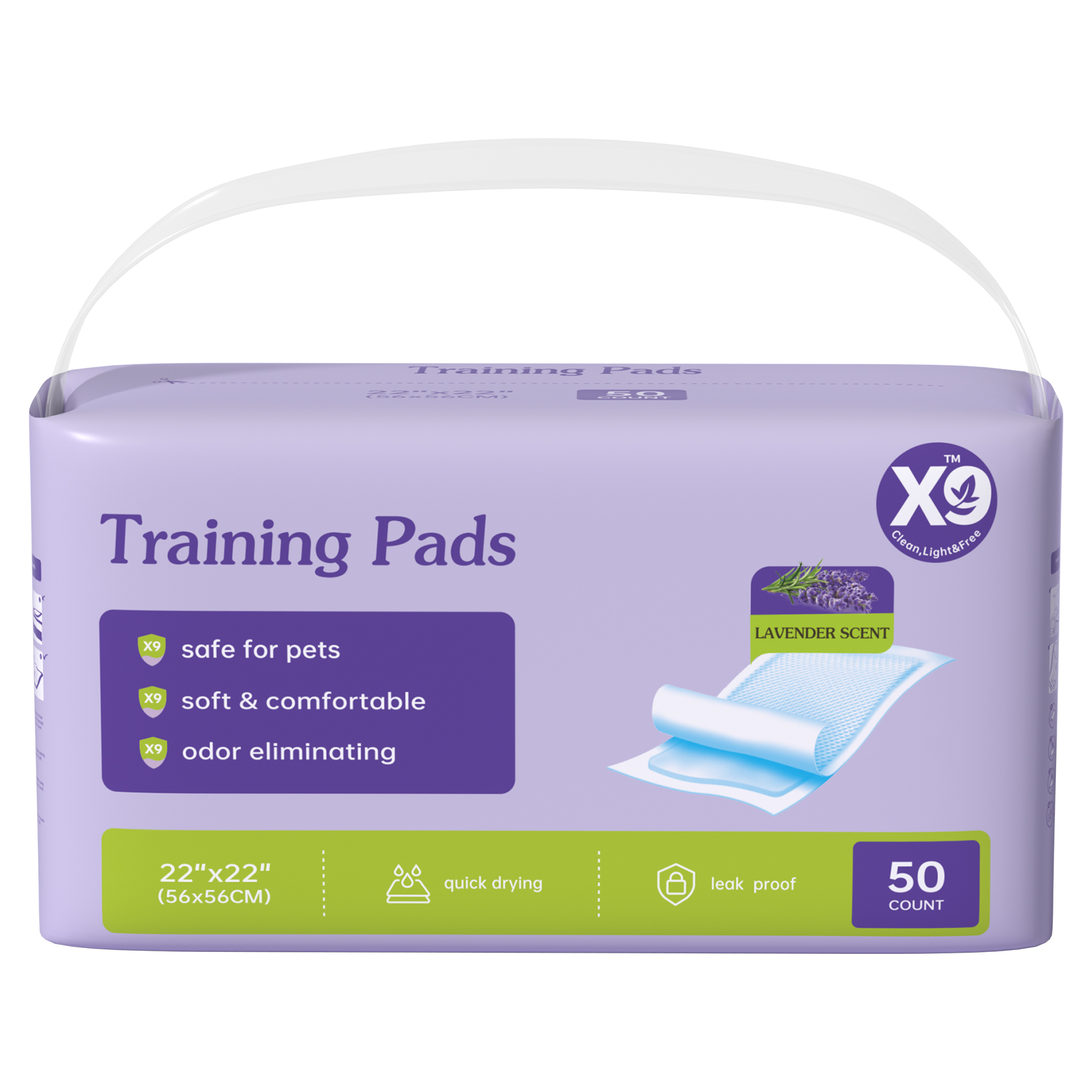 X9 Lavender Disposable Underpads · 56 × 56 cm · 50 count