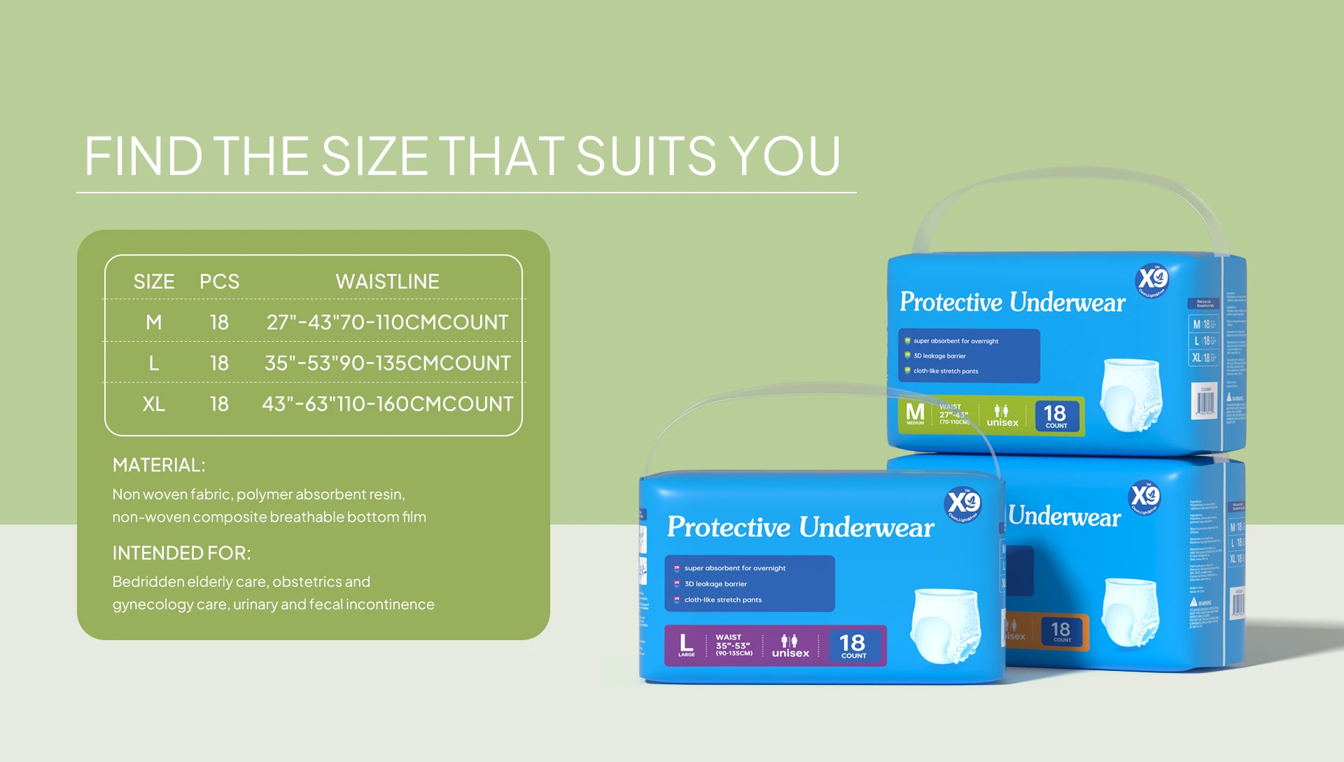 Protective underwear size chart and packaging