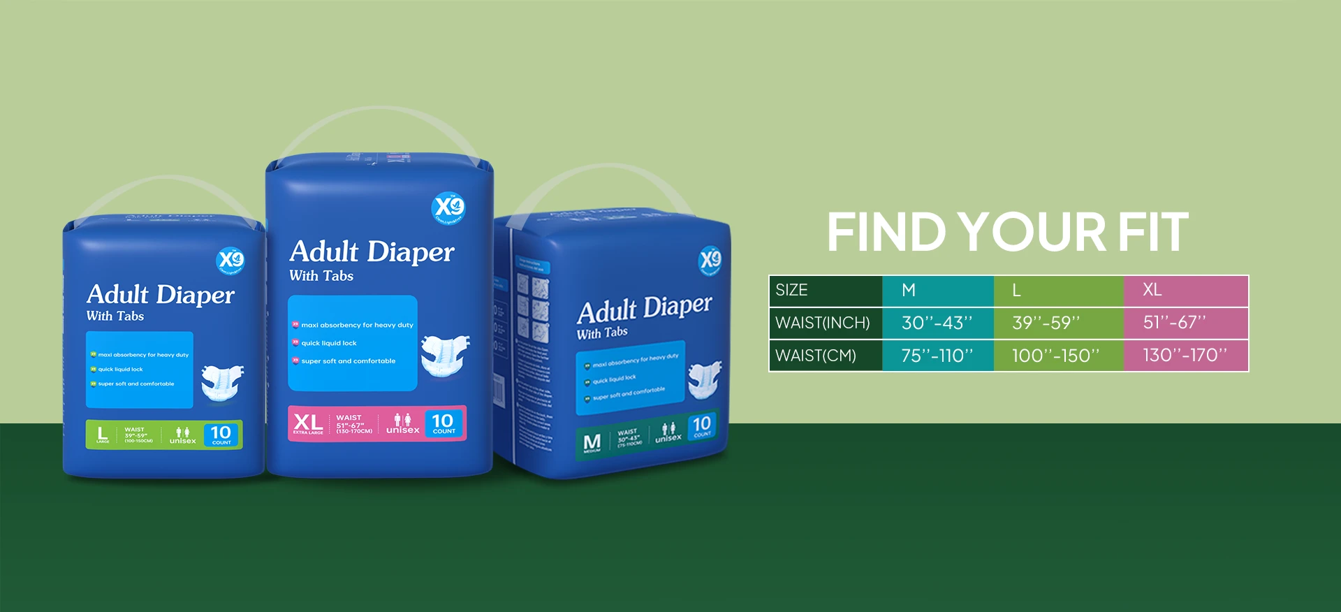 X9 adult diaper with tabs in sizes M, L, and XL, with waist measurement size guide chart