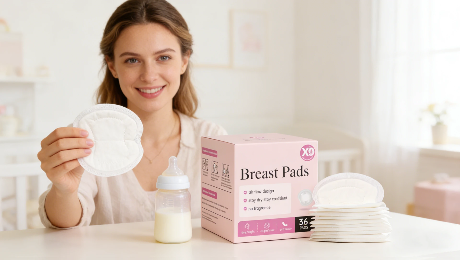Woman holding breast pad with product box