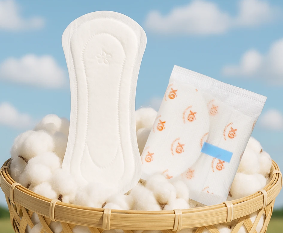 X9 cotton cover panty liner displayed on natural cotton, showing breathable 100% cotton material and individually wrapped liner