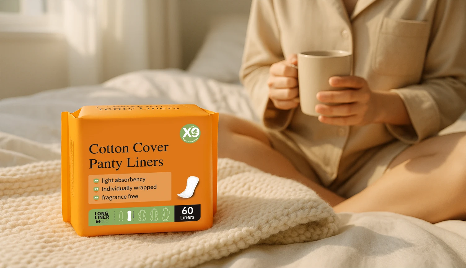X9 cotton cover panty liners pack placed on bed, showing individually wrapped fragrance-free panty liners for everyday comfort