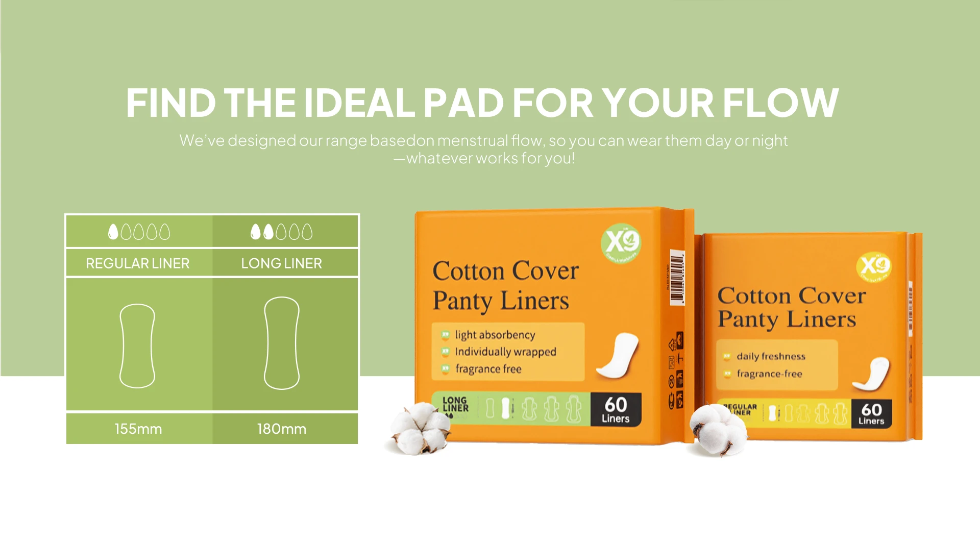 X9 cotton cover panty liners size guide showing regular liner 155mm and long liner 180mm with product packaging