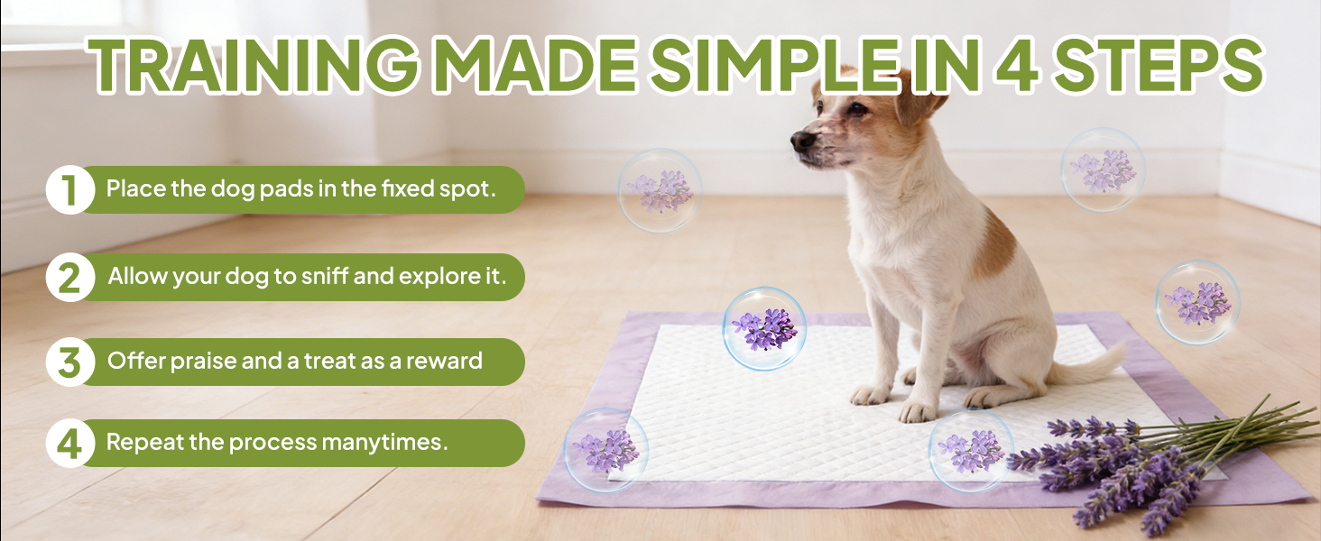 Lavender scented dog training pads with 72-hour slow release fragrance for puppies and cats.