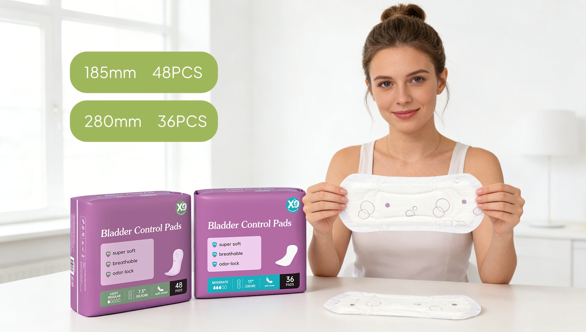 Woman holding a bladder control pad next to product packaging