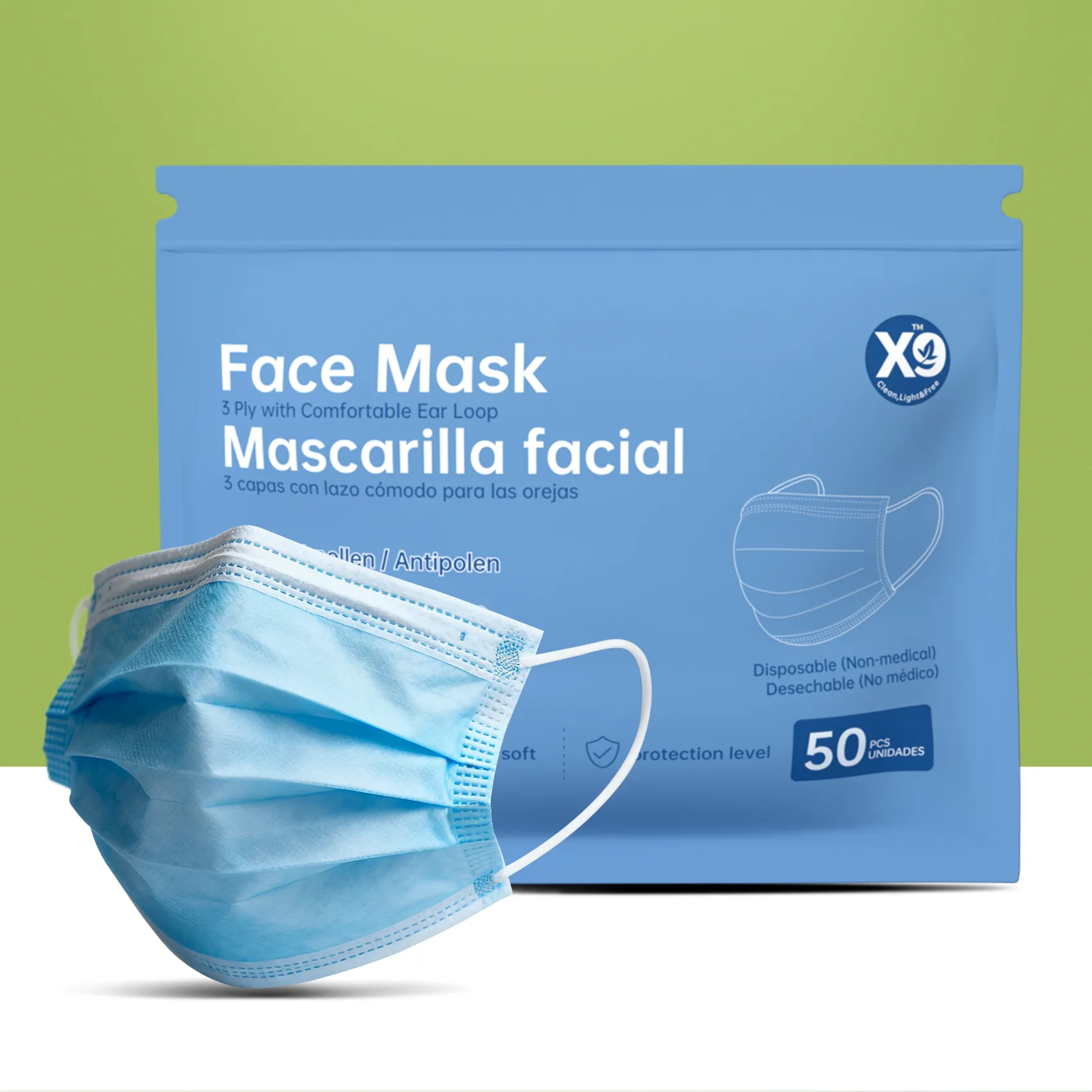 X9 50 Pack Disposable Face Masks, 3-Ply Blue Protective Masks with Elastic Ear Loops and Adjustable Nose Bridge, Breathable & Comfortable 3-Layer Filter Mask for Adults, Men & Women